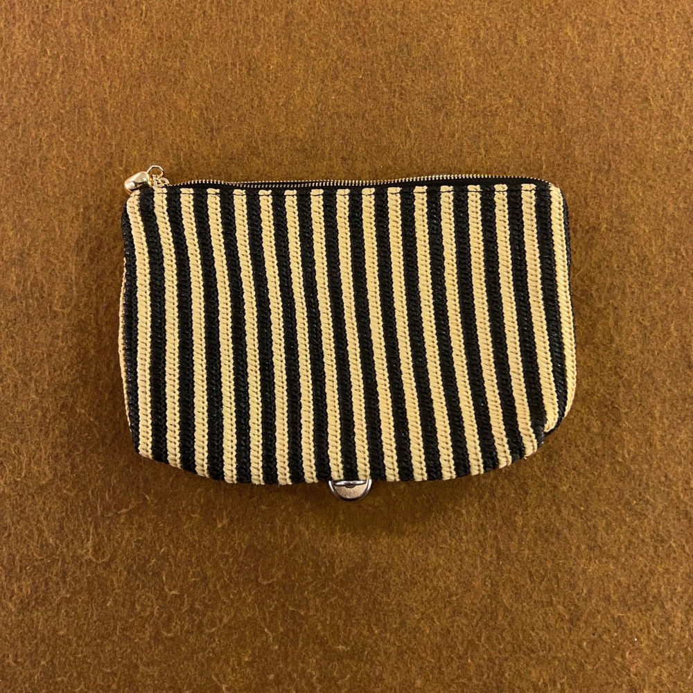 Madewell Womens OS Black Cream Striped Woven Straw Zippered Pouch Clutch New